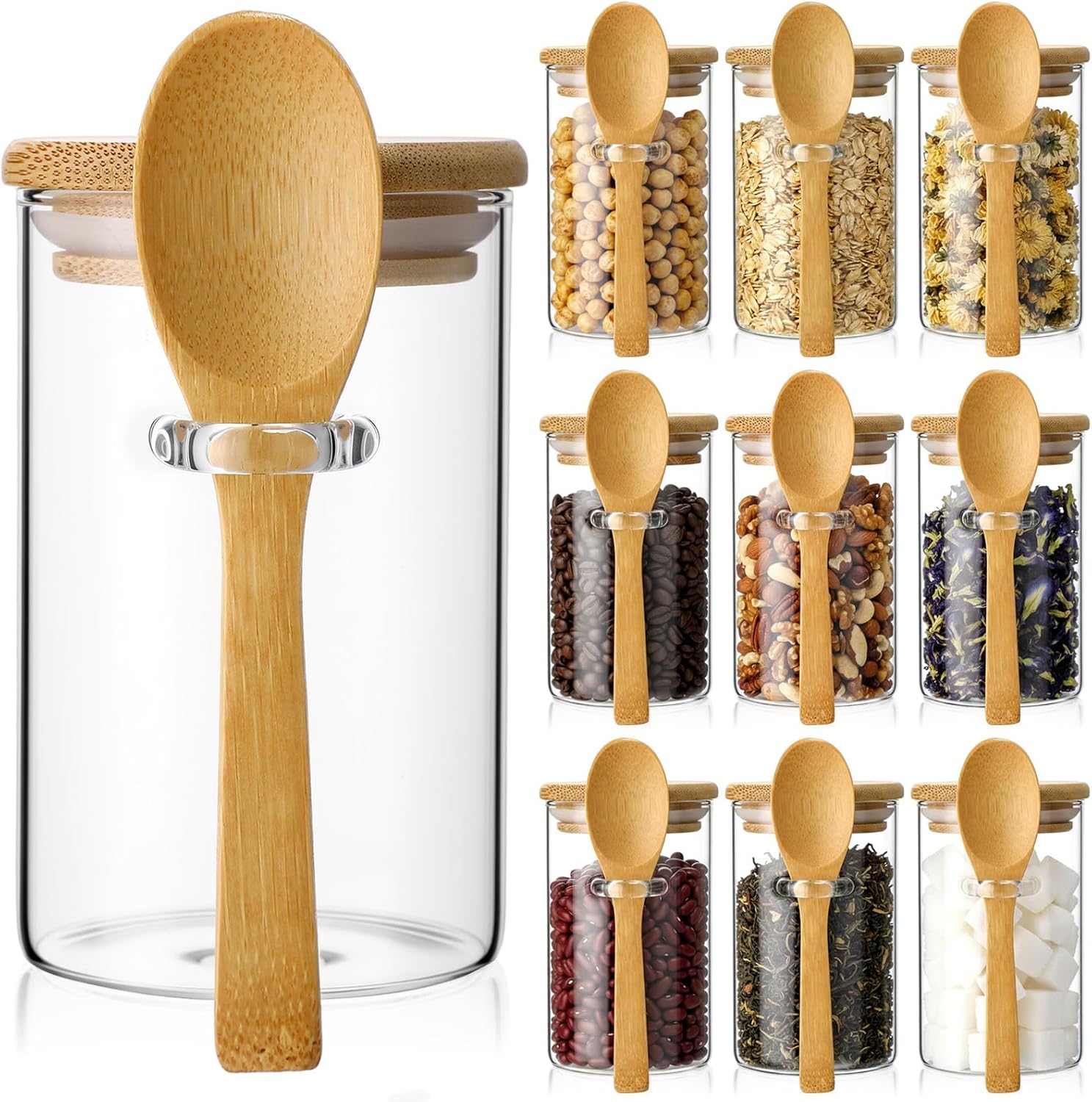 Food Storage Glass Container Set - 10 Pack Glass Jars with Bamboo