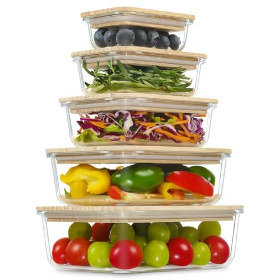 Food Storage Glass Container Set - Glass Containers with Bamboo Lids Meal