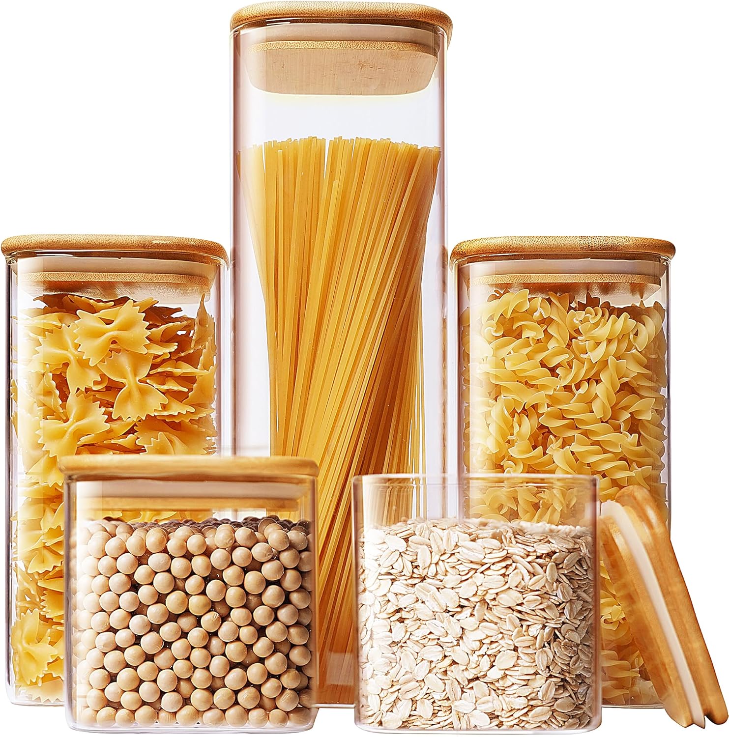 Food Storage Glass Container Set - Square Glass Jars with Bamboo Lids